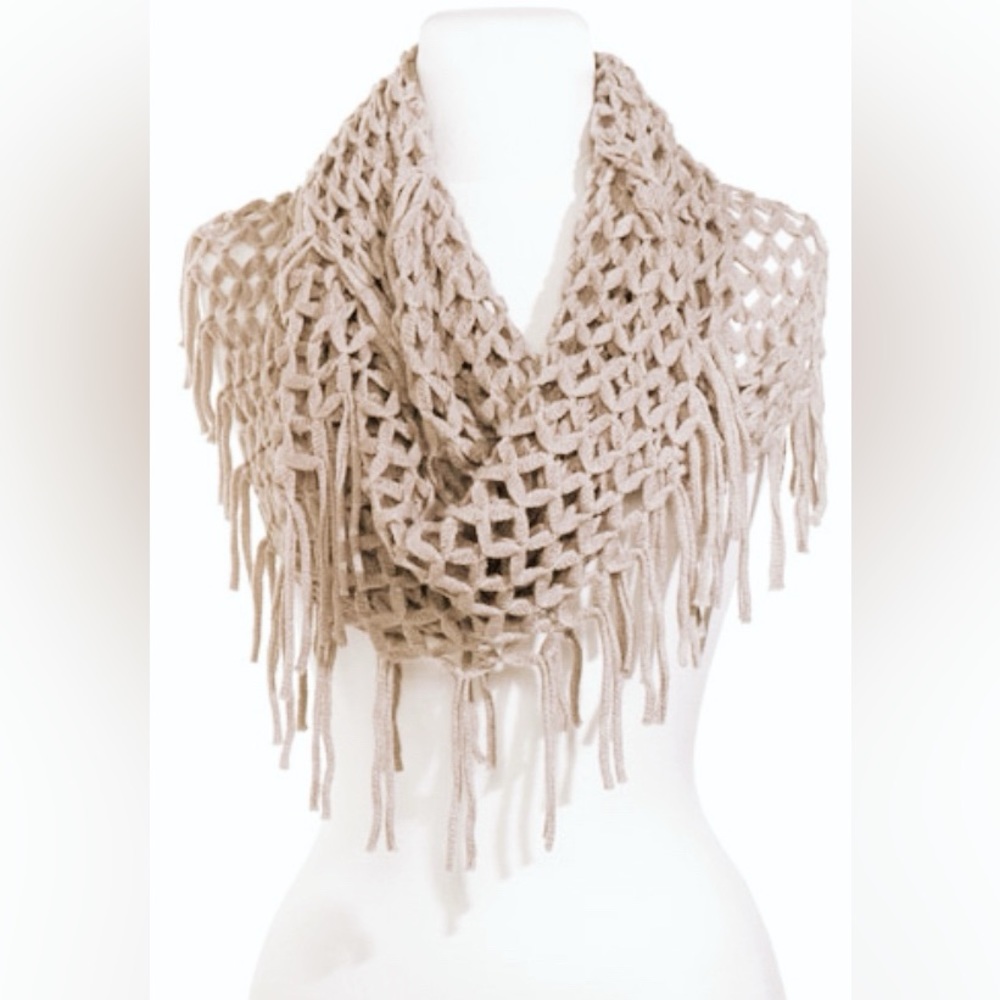 Soft & Warm Crochet Fringe Infinity Scarf Beige